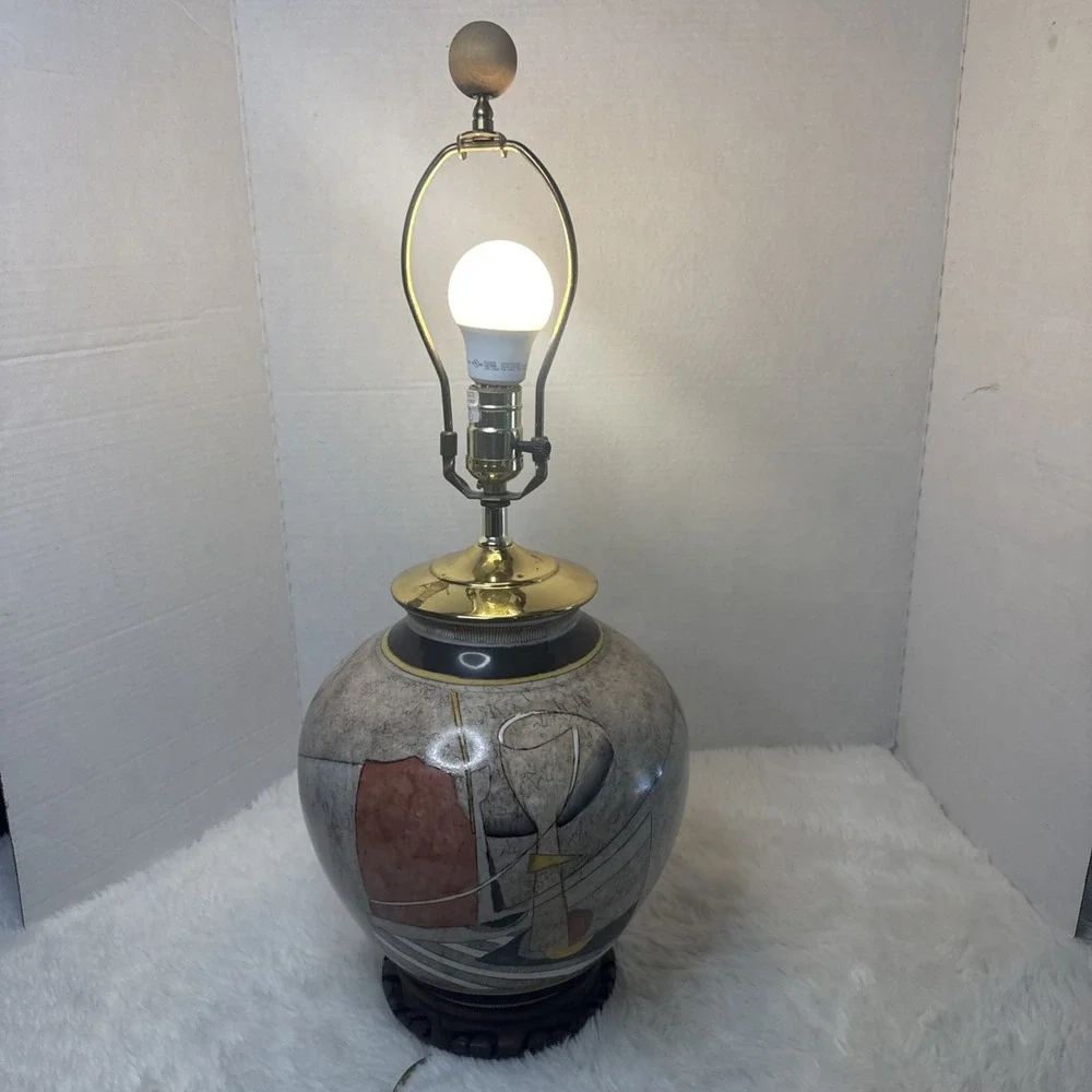 Vintage Abstract 80's Geometric Studio Pottery Table Lamp Urn Brass Wood Deco